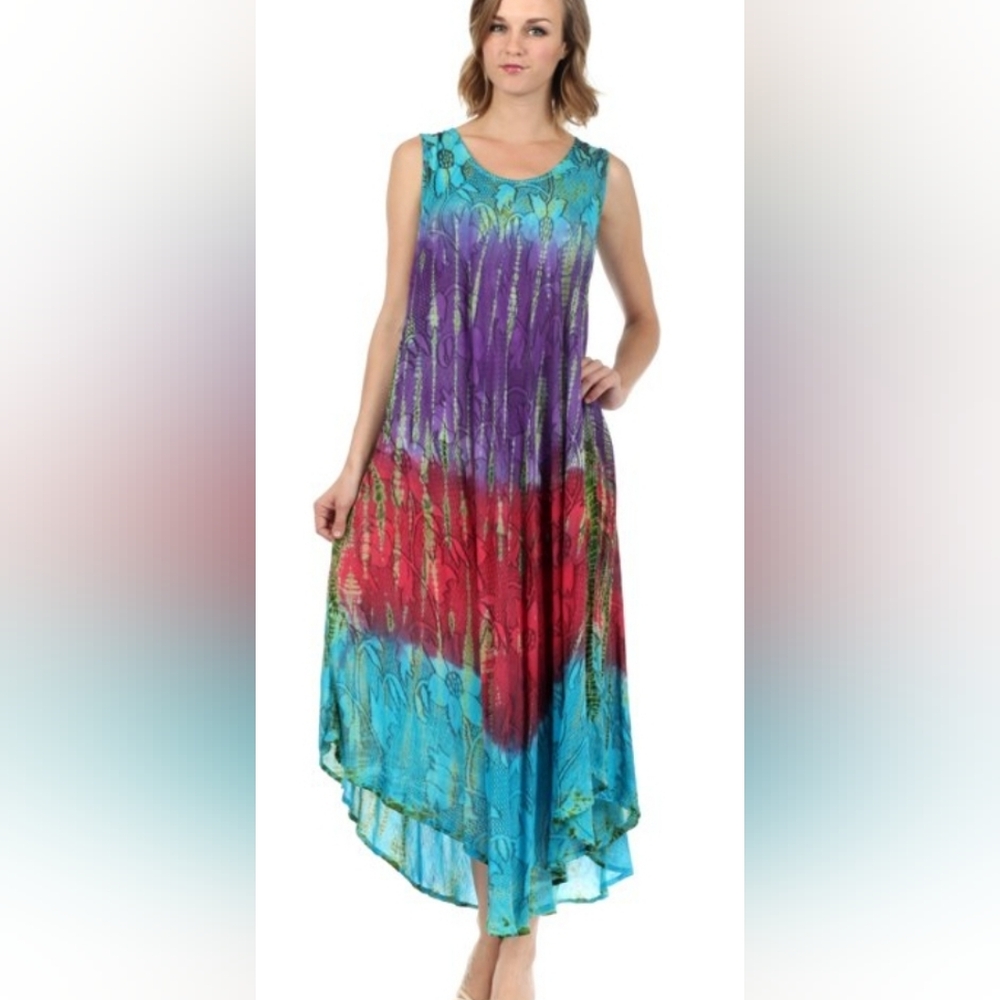 Sakkas Ombre Floral Tie Dye Tank Sheath Caftan Cotton Dress Turquoise OS NWT